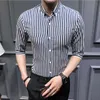ソーシャルマスキュリーナ服の男性サマーカジュアルシャツハーフスリーブファッションストライプスタンドカラーソーシャルシャツ229N