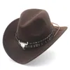 Ethnic Style Cowboy Western Hat Fashion Unisex Solid Color Cowgirl Jazz Cap with Alloy Bull Head Belt for Men Women Size 5658cm3862678