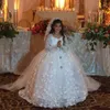 Robe de bal en cristal robes de fille de fleur pour la fête de mariage petite mariée à manches longues en dentelle Appliques enfants robe balayage Train