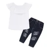 2018 New Fashion Neonate Abiti Top Bianco Camicia e buco Jeans Pantaloni Due pezzi Abbigliamento Set Cute Baby Girls Clothes Set Kids Suit
