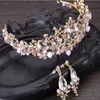 Fantasie-Kristall-Braut-Kopfschmuck, Krone, Geburtstagsfotografie, Strass-Blatt-Diademe, rosa Haare, Brautschmuck-Set mit Ohrringen, halb hochgesteckte Hochzeits-Kopfbedeckungen