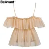 BeAvant dos nu col en v sexy blouse été 2018 sangle à volants maille blouse chemise femmes hors épaule peplum hauts blusas chemise femme