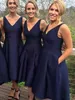 Navy Blue High Low Shored Bruidsmeisjes Jurken 2020 V-hals Satijn Maid of Honour Dress Formele avondfeestjurken