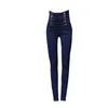Tallas grandes 2018 Cintura alta con cordones Blue Jeans Mujer Pantalones de mezclilla ajustados de doble botonadura Pantalones de lápiz elásticos de moda