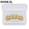 Hip Hop Hollow Teeth Grills Caps Micro Pave CZ Stone Six 6 Open Top Bottom Men Kvinnor Tand Grillz Set