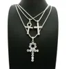 MENS ORO GHIACCIATO CHIAVE EGIZIANA DELLA VITA ANKH CROSS, SCATOLA COLLANA CATENA CORDA SET DI 3