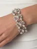 Elegant Rhodium Silver Tone Cream Pearl & Rhinestone Crystal Diamante Necklace Earrings Floral Bridal Jewelry Sets Vintage