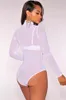 Novo transparente Sexy Bodysuit Mulheres Macacão Bodycon Jumpsuit Manga Longa Malha Bodysuit Sheer Através do Trutleneck Bodysuits C2345