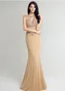 Qatar 2024 Nya högkvalitativa modebesättningar Prom Champagne Long Tulle Halter Stor handpärlor Fishtail kjol Party Evening Dresses HY039