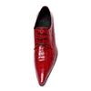 British Men Dress Shoes Red Pointed Toe Crocodile Pattern Leather Shoes Man Lace Up Stylish Wedding Shoes