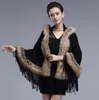 Höst Vinterkvinna Cloak Pashmina Faux Fur Jacquard Hooded Cape Tassel Poncho Cardigans Knitwear Lady Shawl Stal Wraps Sweater Coat C2093