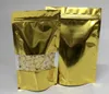 Golden Stand Up Aluminium Folie Zip Lock Bag med klart fönster, plastpås dragkedja återlåsbar matförpackning förpackning