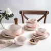 Nordic Gold Rim Marble Texture Dinnerware Set Round Ceramic Dinner Plates Soup Plate Rice Bowls Seasoning Dishes Grey Pink