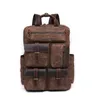 Man Vintage Genuine Leather Canvas Backpack Luxury Oil Waxed Outdoor Waterproof Travel Luggage Bag Rucksack Business School Bag