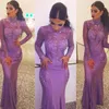 Saudiarabisk High Neck Mermaid Prom Dress Lace Applique Pärlor Sheer Långärmade Kändis Party Klänning Sexiga Kvinnor Kväll Kappa Formella Klänningar