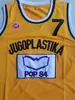 Mens Toni Kukoc Jersey # 7 Jugoplastika Yugoslavia Camisetas de baloncesto europeas cosidas Camisas amarillas S-XXL