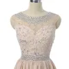 Modern Champagne Prom Dresses A-line Cap Short Sleeves Mini Crystals Elegant Organza Molded Cocktail Party Dresses HY378