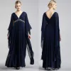 Navy Blue Chiffon Formell Mor av Bride Klänningar V Neck Hög Midja Beaded Golv Längd Plus Storlek Prom Party Gowns Cheap