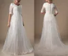 Marfim champanhe modestos vestidos de casamento com meia manga frisada cinto renda tule lds vestidos de noiva mangas feitas sob encomenda religiosa wed320q