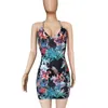 Kvinnor sexig mini slip klänning summen natt fest klänning bodycon spaghetti strap v-hals klänningar backless print blommor clubwear balsal dancing