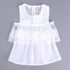 Bebek Kızlar Yaz Giysileri Set Çocuklar Dantel Çiçekler Kapalı Omuz Beyaz Üst + Şerit Şort Kız 2 adet Set Çocuk Kıyafetler Giyim Suit ...