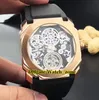 Octo Tourbillon Skeleton Black Dial 102719 Automatische Herenhorloge Zilveren Case Lederen Band Goedkope Nieuwe Hoogwaardige Horloges