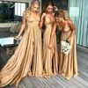 2018 sexy elegante longo ouro dama dama de honra vestidos profundamente decote vice-lateral lateral elástico como cetim praia boho empregada de honra damas de damas de honra