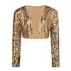 Partihandel-Vintage Kvinnor Beskuren Blazer Bolero Shrug Clubwear Party Kostymer Glänsande Sequin V-Neck Short Vest Sexy Cardigan Jacket Coat