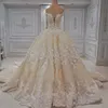 Light Champagne Long Wedding Dress Off Shoulder Beads Applique Handmade Flowers Bridal Gowns Amazing Dubai Ball Gown Wedding Dresses