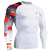 Mężczyźni Biały Drukuj Rajstopy Sportowe MMA Siłownia Długie Rękawy Odzież Kompresyjna Warstwa Podstawowa Thermal Running T-Shirt Fitness