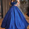 Sparky Royal Blue Prom Dresses Moda Cekinę Głębokie Neck Krótki Rękaw Party Sukienka Czarowna Suknia Balowa Quinceanera Suknie Tanie Dress