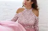 Pailletten Tule Bruidsmeisjes Jurken 2018 Lange Mouwen Hoge Hals van de Schouder Blush Gray Short Long Maid of Honour Dress 3 stijlen