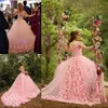 2019 Nouveau rose rose arabe rose arabe gonflé robe quinceanera robes dentelle 3d fabriqué des fleurs de fleurs Train Tulle fête des robes de soirée