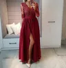 Bordo Uzun Kollu Balo Elbise 2018 Seksi Örgün Durum Elbise Dantel Aplikler V Yaka Bölünmüş Şifon Uzun Gelinlik Modelleri Ucuz