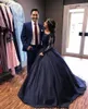 Navy Blue Long Sleeve Puffy Prom Dresses Bateau Lace Satin Masquerade Ball Gowns African Evening Formal Dresses Vestidos Plus Size DH4046