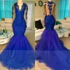 Navy Royal Blue Avondjurken Diepe V-hals Lange Mouwen Kralen Vloer Lengte Illusie Back Jurken Avond Draag Mermaid Prom Dresses