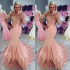 2018 Blush Mermaid Prom Dresses Long Sleeve Sweep Train Applices Tonged Long Formal Evening Party Gowns Plus Size Vestidos de Fie292R