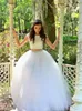 White Ball Gown Long Prom Dresses Off the shoulder Scoop Neck Two Pieces Tulle Sequins Beaded Bling Designer Cheap Evening Formal Dress Gown