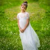 Boho chique bloem meisje jurken 2018 vintage korte mouwen junior bruidsmeisje jurk vloer lengte bohemian 1st communie jurk voor kleine meisjes