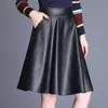 KoHuiJoo 3xl 4xl 5xl Spring Autumn Women Pu Leather Skirt Plus Size High Waist A line Casual Faux Leather Skirts Knee Length