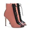 Peep Toe Lace Up High Heel Pink Latex Booties Blush PVC och Svart Patent Läder Ankel Boots Ladies Summer Shoes Women Stilettos
