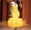 Tea Length Yellow Lace Mermaid Prom Dresses Sexy Lace Appliques Tiered Skirt Cocktail Dress Girls Formal Wear Cheap Homecoming Dresses