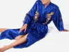 Burgundy Silk Embroidery Dragon Kimono Bathrobe Gown Women Sexy Satin Robe Long Nightgown Size S M L XL XXL XXXL BR040