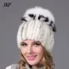 Chapéu feminino de malha de pele de vison, boné de pele feminino com forro de pompom de pele de raposa, chapéu feminino de inverno para gorros DHY-25 D12592