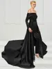 Black Lace Fashion Jumpsuits Evening Dresses with Detachable Train Off the Shoulder Beaded Formal Gowns Long Sleeves Pant Suits Prom Dress