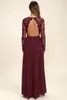 Burgundy Chiffon Bridesmaid Dresses Long Sleeves Western Country Style V-Neck Wedding Party Dresses Backless Long Beach Wedding Gu244i