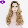 Glueless Blonde Ombre Lace Front Paryk Syntetisk Realistisk Looking Gratis Del Lång Vågig Brun Roots Blond Parig För Afrika Amerikansk