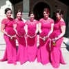 Hot Pink Long Bridesmaid Dresses Jewel Short Sleeves Sheath Evening Gowns Back Zipper Floor-Length Custom Made Formal Party Gowns
