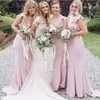 Chic Dusty-Pink Mermaid Bridesmaid Dresses Ruffles On Shoulder Scoop Neck Backless Special Party Dress Sexy Simple Long Maid of Honor Gown
