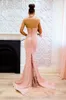 Sexy Blush Pink Pink Halter Mermaid Vestidos de noche Apliques Satin Vestidos de baile Long Train Backless Train Damas de honor formal1718004